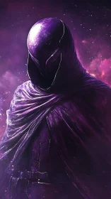 Digital painting of cloaked violet sentinel in nebular void.