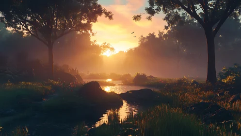 Sunlit forest stream at low horizon with dense foliage.