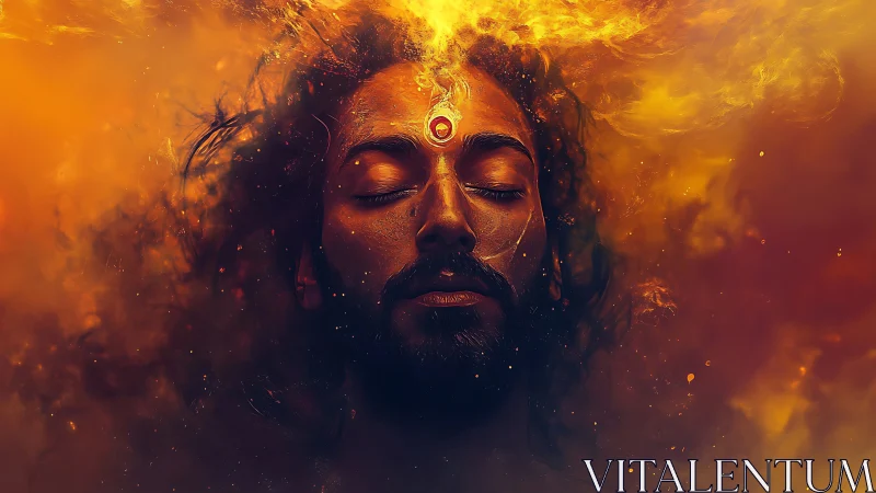 Mystical fire meditation portrait with blazing third eye.