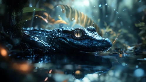 Cinematic nocturnal crocodile study in luminous wetland atmosphere.