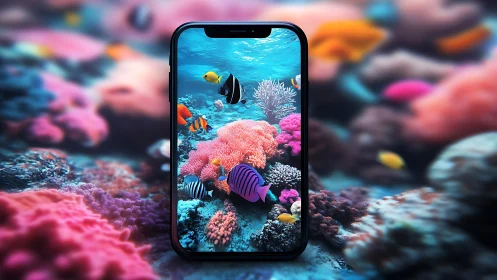 Colorful coral reef swimming into a bright phone screen.