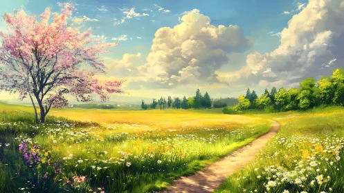 Spring meadow path under luminous clouds and blossom tree.