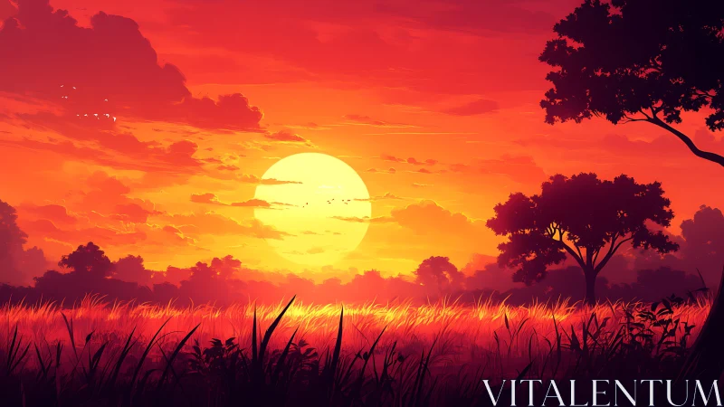 Sunset over grassy savanna with silhouetted distant trees.