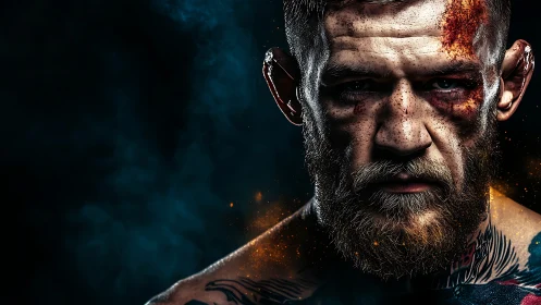 Battle-scarred fighter meets the camera with raw determination