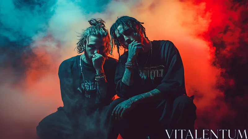 Smoldering duo in neon smoke trade quiet rebellion with style.