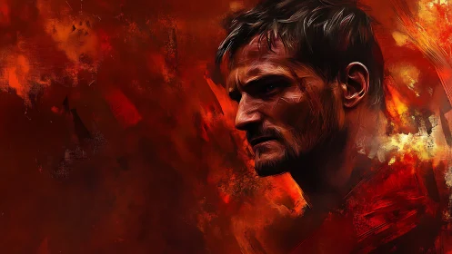 Male profile portrait rendered in intense red digital paint