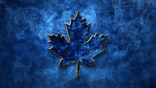Textured blue maple leaf emblem on scratched blue field.