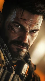 Battle-scarred tactician smirks through the firelight glare.