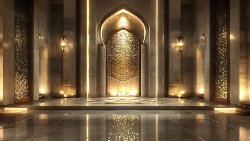 Ornate golden archway glows in a serene palace hall.
