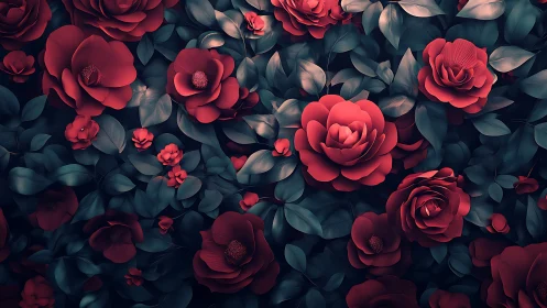 Layered Rose Composition: Deep Red Blooms Against Teal-Toned Foliage.