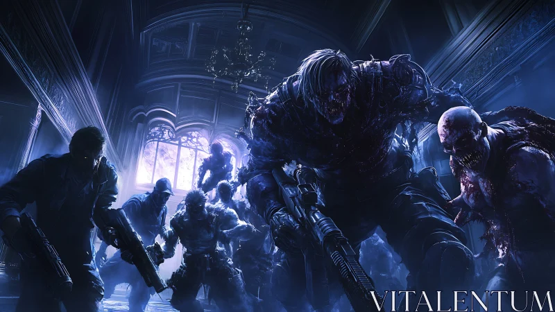 Cinematic digital painting of armed survivors vs mutant horde.