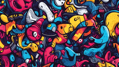 Chaotic cartoon creatures swirl in dense neon abstraction