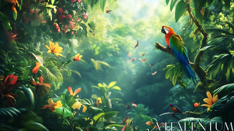 High-saturation rainforest scene with macaw under volumetric light