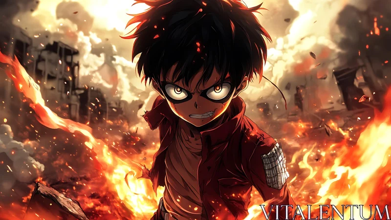 Fierce anime hero rising from firelit ruins with resolve.