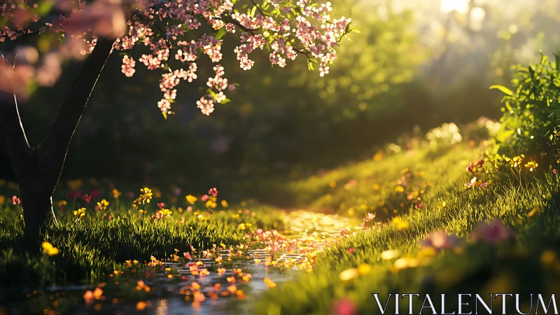 Sunlit blossom tree overlooks glowing spring stream
