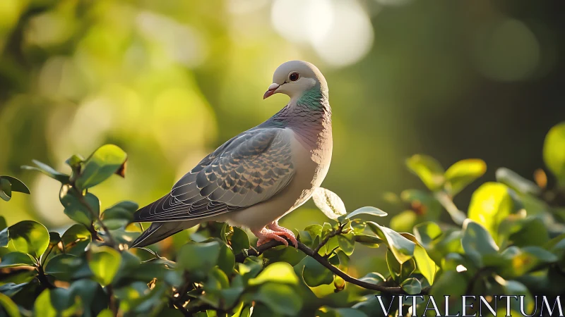 Softly Lit Dove Perched on Leafy Branch in Natural Setting.