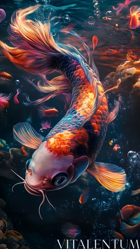 Digital painting of luminous koi in dynamic vertical composition.