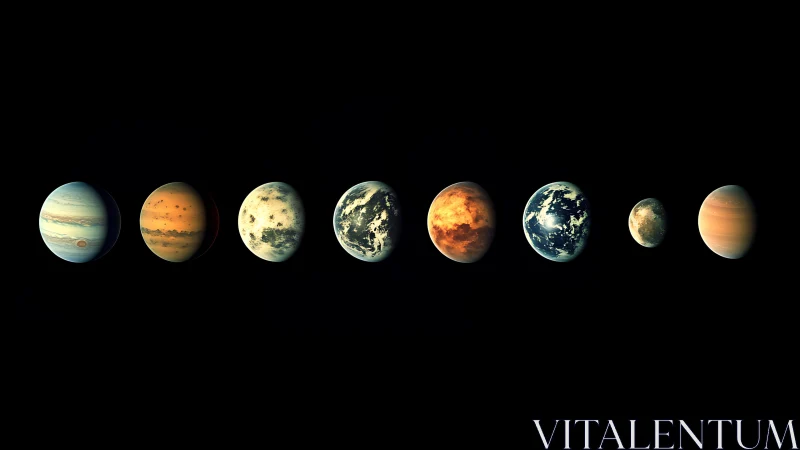 Exoplanet lineup rendered as multi-phase planetary evolution study.