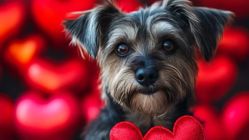 Miniature Schnauzer Digital Portrait Against Bokeh Hearts Background