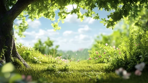 Sunlit garden clearing under a gentle green canopy.