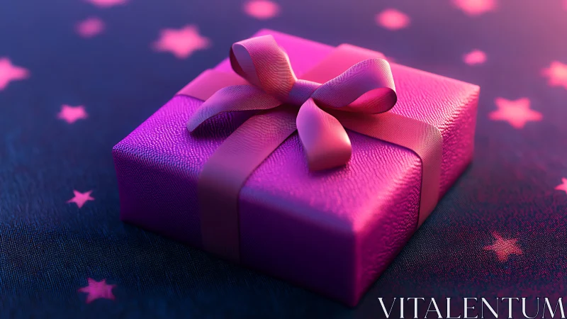 Luminous Pink Gift Box with Ribbon Bow and Stars.