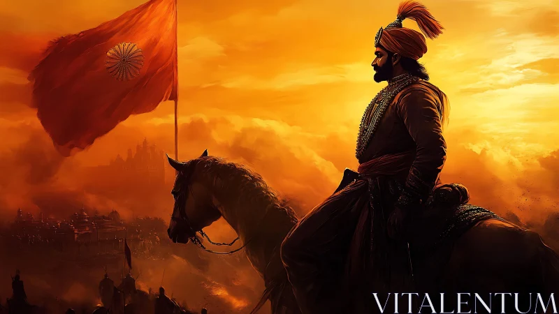 Sunlit cavalry commander under saffron war standard at dusk.