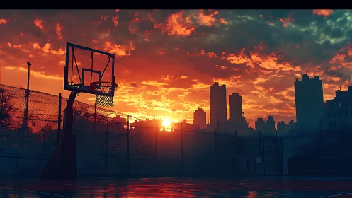 Urban basketball court silhouette under burning sunset sky