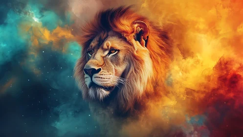 Stellar maned monarch drifting through twin fire clouds.