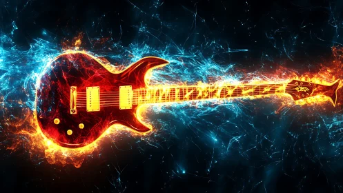 Electric guitar igniting in blue and orange energy storm.