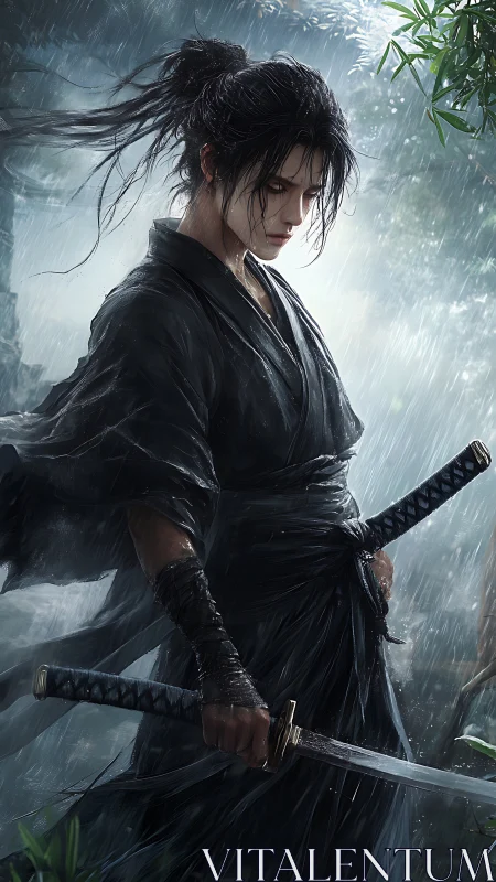Solitary warrior with twin katanas in heavy forest rain.