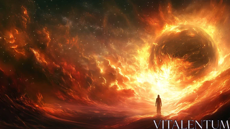 Solitary figure before fiery cosmic vortex environment.