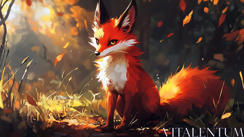 Gentle autumn fox resting in a sunlit woodland glow.