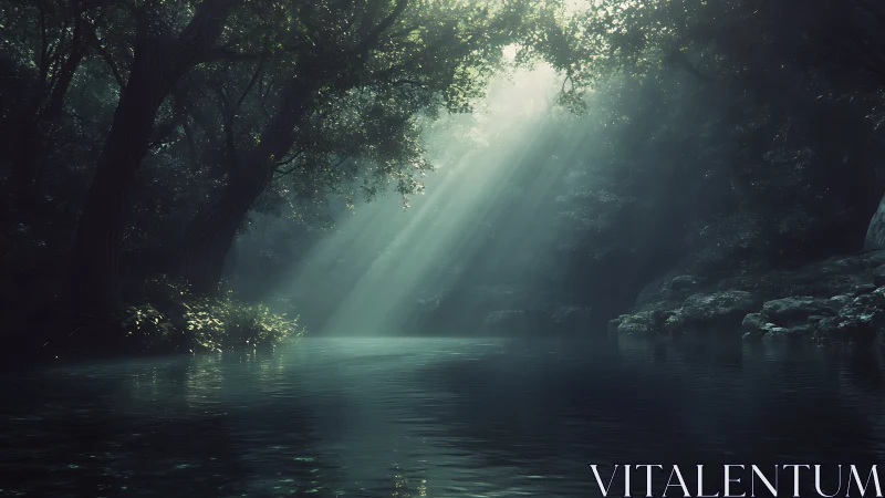 Volumetric light shafts penetrate dense forest canopy over river