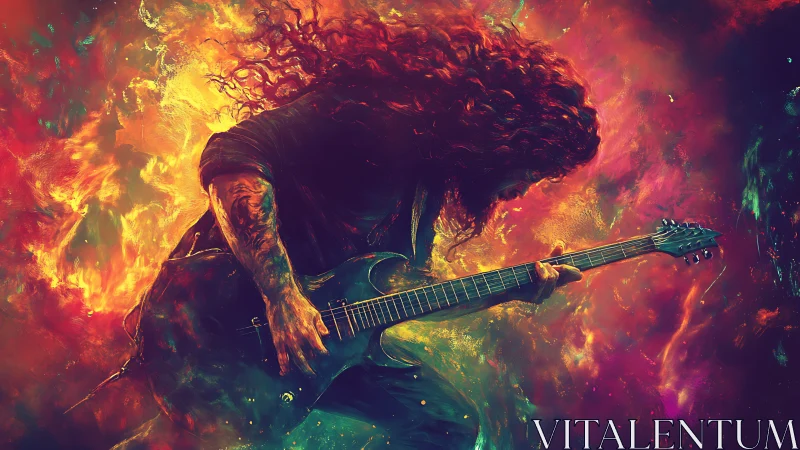Long haired guitarist bends forward, shredding in neon fire