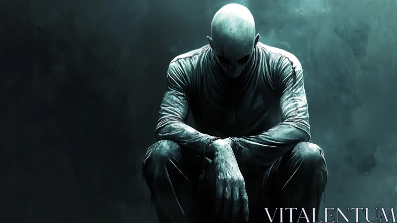 Brooding faceless figure sunk in shadow-drenched stillness.