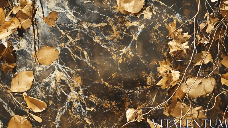 Autumnal leaf litter on veined stone surface, overhead photogram.