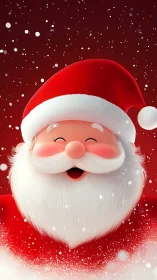 Joyful cartoon Santa smiles warmly in softly falling snow