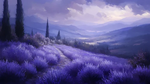 Lavender dreamway winding through misty violet highlands.