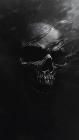 Skull-like structure emerges from dark swirling textures