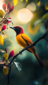 Yellow and red songbird on branch with soft bokeh background.