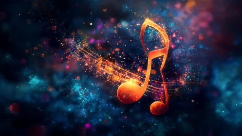 Glowing musical notes ripple through nebula-like particle field