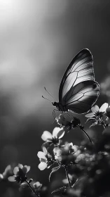 Monochrome macro portrait of butterfly on wildflower cluster