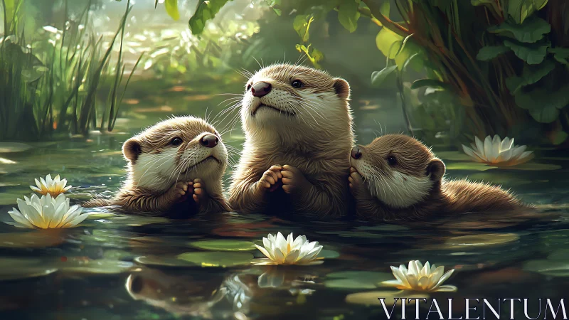 Three young otters resting together in a calm lily pond.