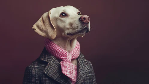Dapper hound in tweed and pink scarf, posing with quiet pride.
