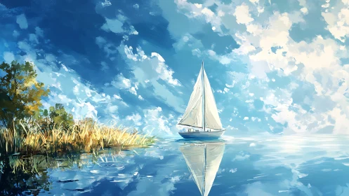 Sailboat reflects on calm lake under dynamic impasto cloud field