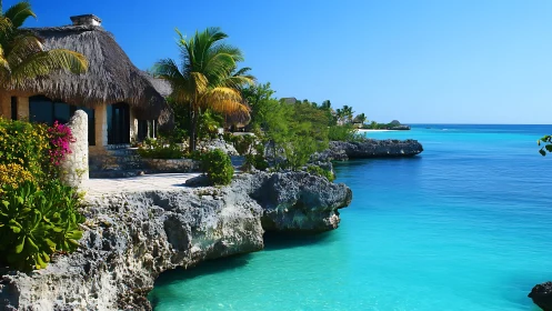 Coastal limestone villas line turquoise lagoon under clear tropic sky