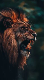 Side profile of roaring male lion with extended canines.