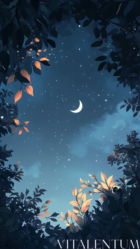 Digital night canopy with crescent moon and framed starlight.