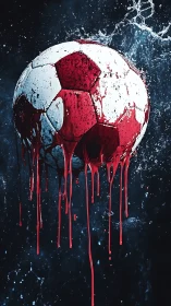 Blood-red paint dripping over soccer ball in dark splash field.