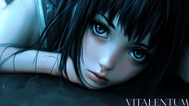 Girl lies on dark surface with oversized reflective eyes